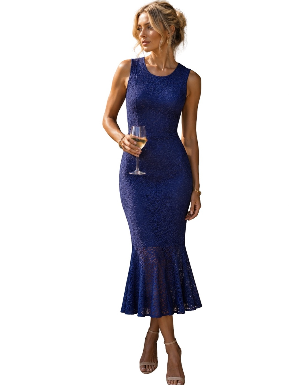 NWT 6 royal Blue Lace Mermaid hem Midi Dress Sleeveless Wedding Guest Cocktail